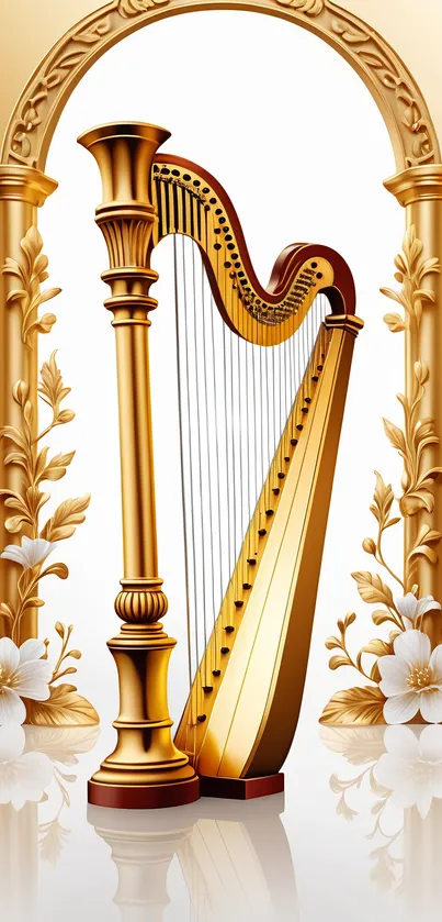 Golden harp with floral design in ornate frame.