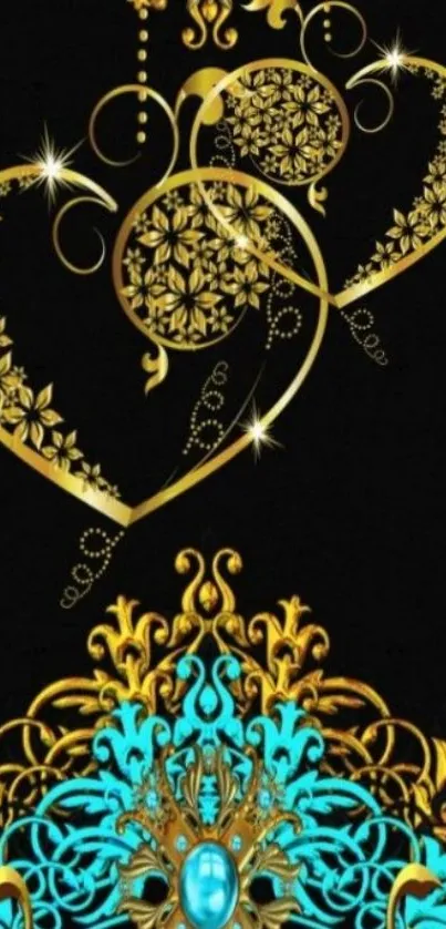 Elegant black background with gold heart design featuring turquoise accents.