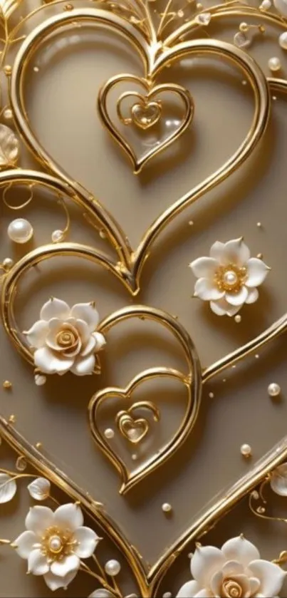 Gold heart design with flowers mobile wallpaper.