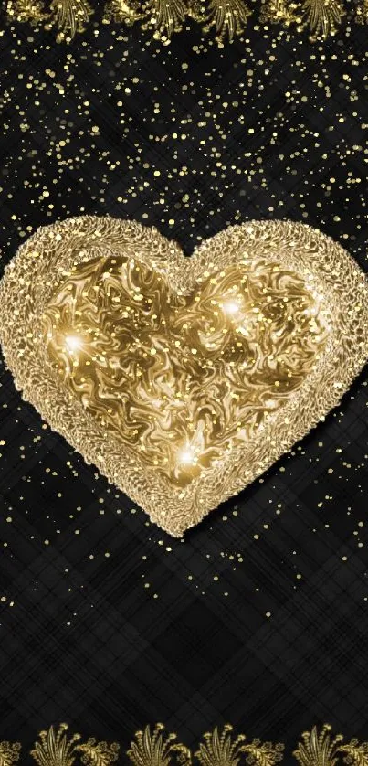 Gold heart on black background with ornate border.