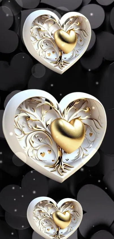 3D gold heart design on a black background - mobile wallpaper.