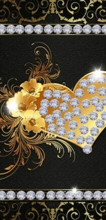 Gold heart with diamonds on black wallpaper.