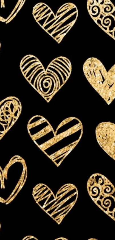 Elegant gold heart pattern on black background wallpaper.