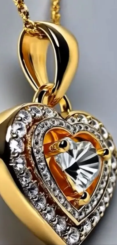 Gold heart pendant with gemstones on chain.