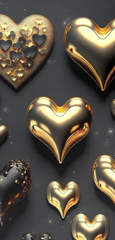 Elegant gold hearts on black mobile wallpaper.