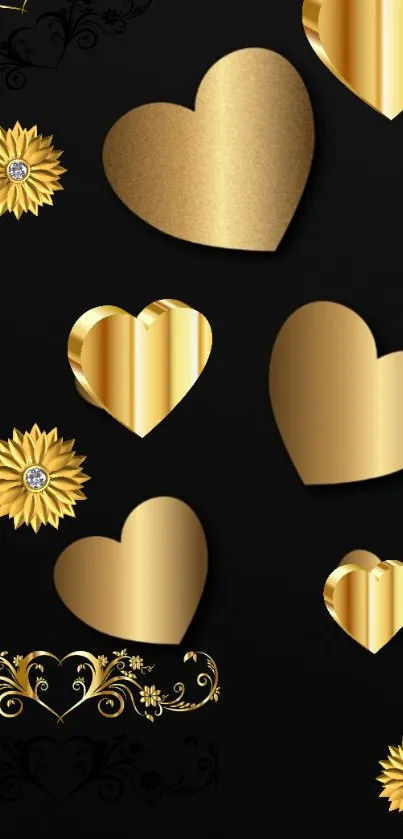 Elegant mobile wallpaper with gold hearts on a black background.