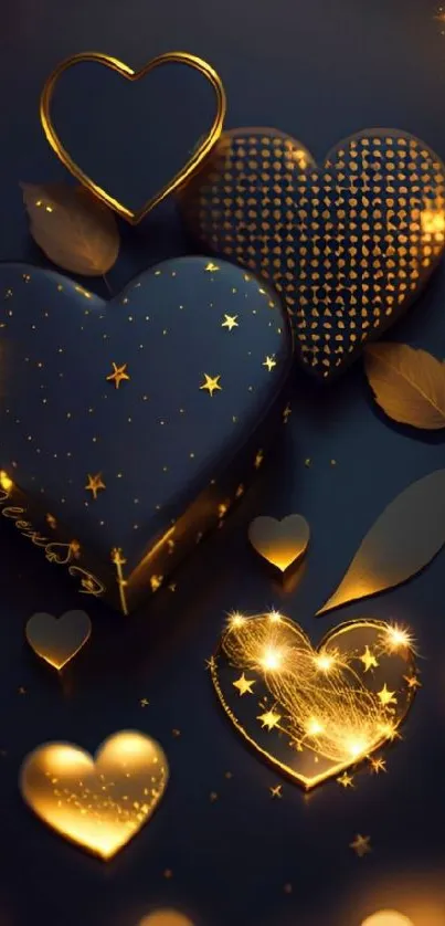 Elegant gold hearts and stars on a dark background mobile wallpaper.