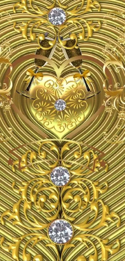 Luxurious gold heart wallpaper with intricate patterns and jewels.