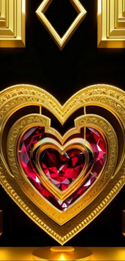 Luxury gold heart wallpaper with red jewel center.