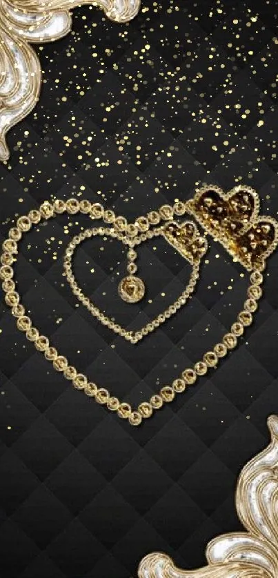 Gold heart jewelry design on black wallpaper.