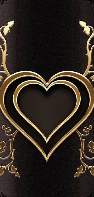 Black and gold heart mobile wallpaper with ornate design.