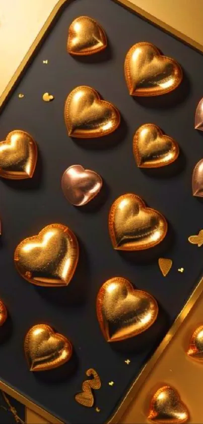 Golden hearts pattern on dark background wallpaper.