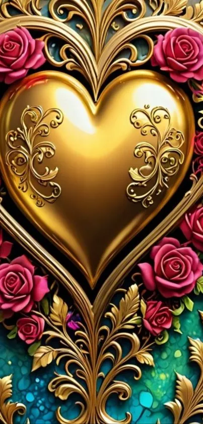 Elegant gold heart with floral patterns wallpaper