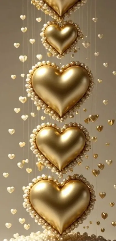 Elegant gold heart wallpaper with pearls.