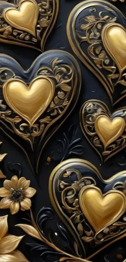 Elegant wallpaper with gold hearts and floral design.
