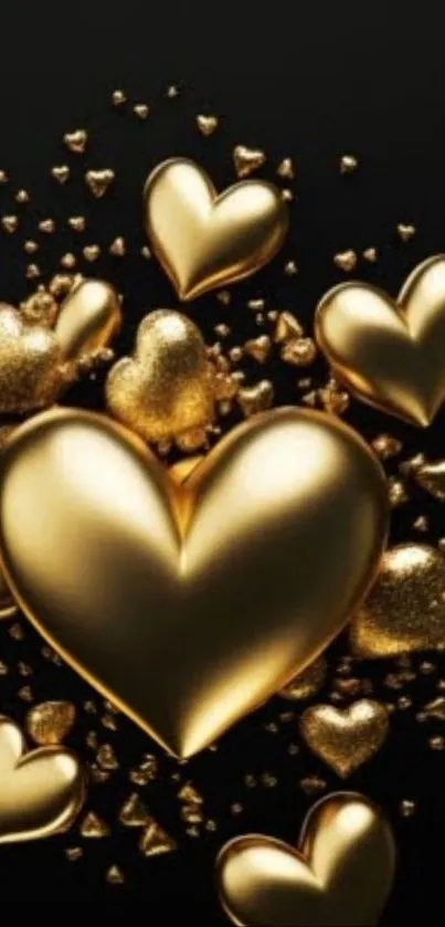 Mobile wallpaper featuring golden hearts on a black background.