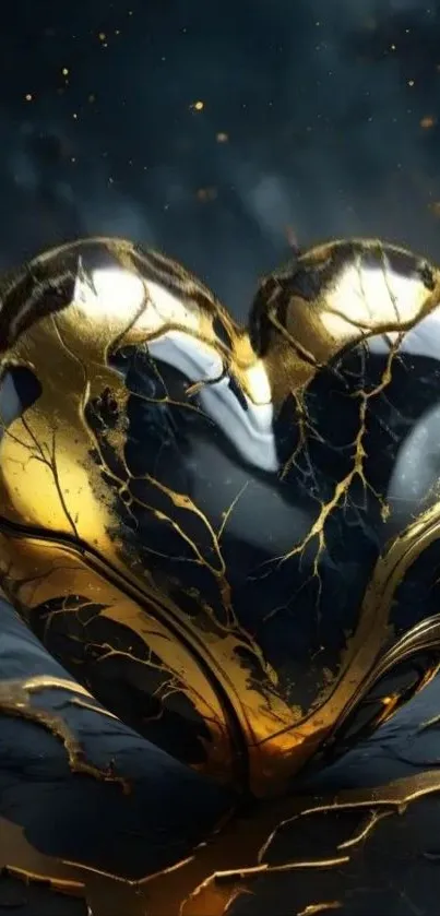 Metallic gold heart with elegant design on dark background