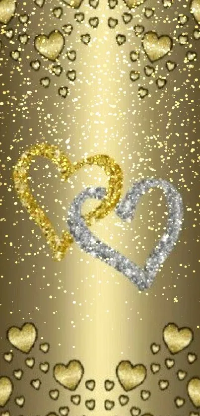 Gold and silver hearts intertwined on a luxurious background.