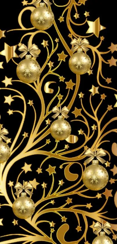 Elegant gold holiday wallpaper with ornamental tree design.