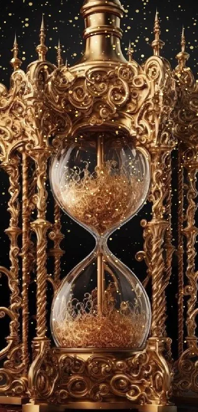 Intricate gold hourglass on dark background.