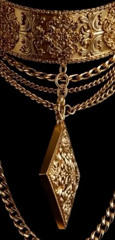 Intricate gold jewelry with chains and pendant on black background.
