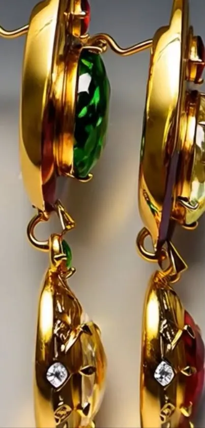 Close-up of elegant gold jewelry with vibrant colors.