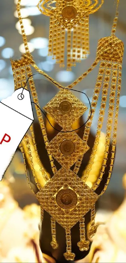 Gold necklace display on elegant background.
