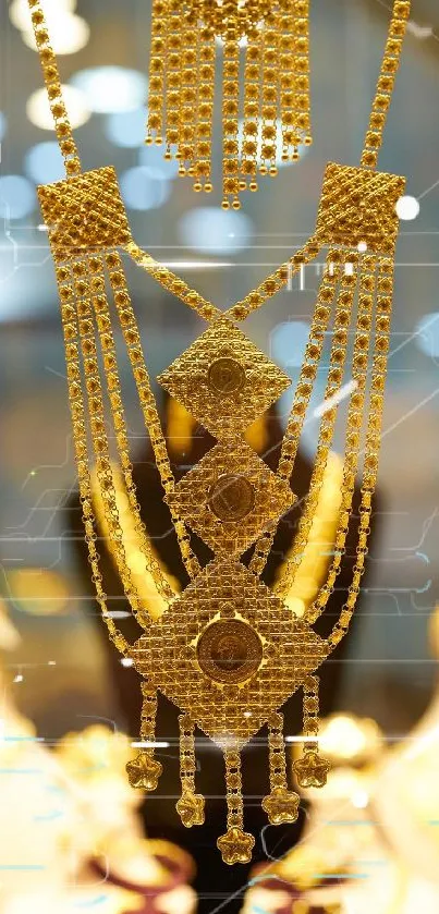 Luxurious gold necklace displayed elegantly with sparkling design.