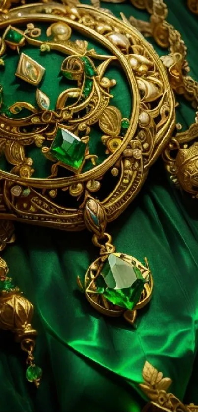 Luxurious gold and emerald jewelry on green fabric backdrop.