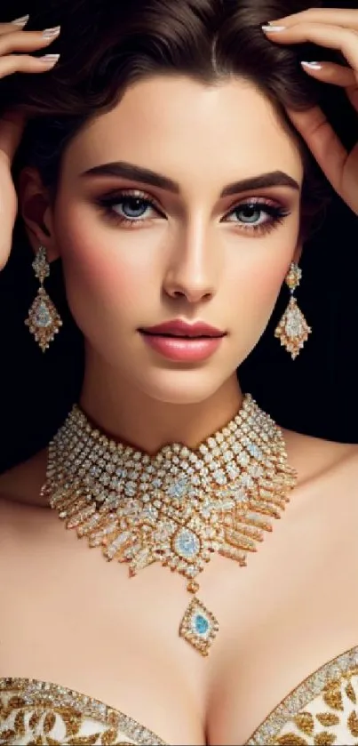 Elegant woman with gold jewelry and intricate details in portrait wallpaper.