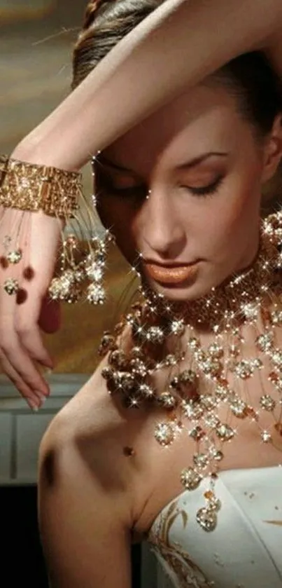 Elegant woman adorned in gold jewelry