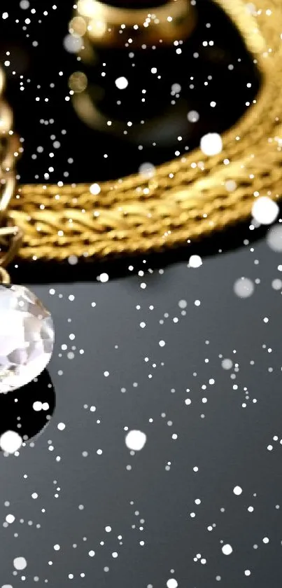 Gold jewelry on a sleek black background with sparkling accents.