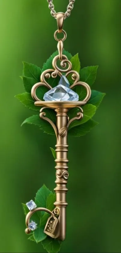 Golden key with jewels on a green leafy background wallpaper.