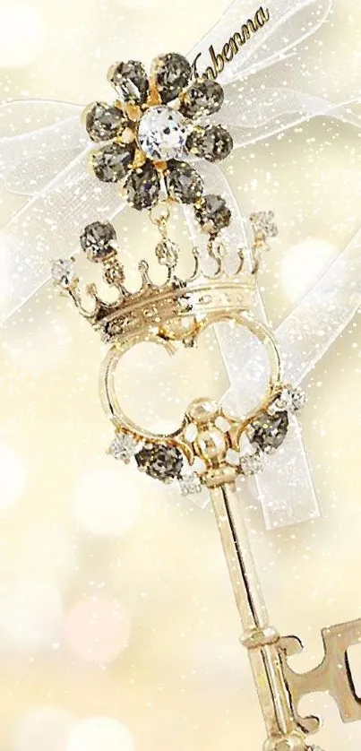 Gold key with crown and ribbon mobile wallpaper.