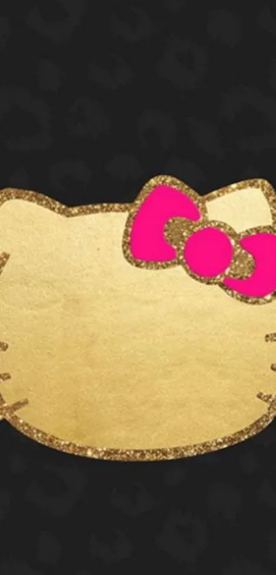 Gold kitty with pink bow on black glitter background.