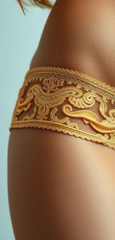 Elegant gold lace design on blue background.