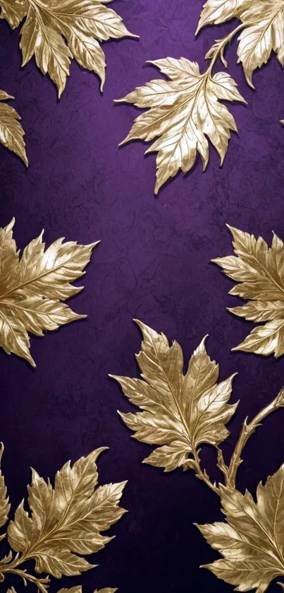 Elegant gold leaves on a purple textured background.