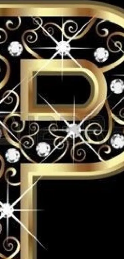 Gold letter P with diamonds, luxurious mobile wallpaper.