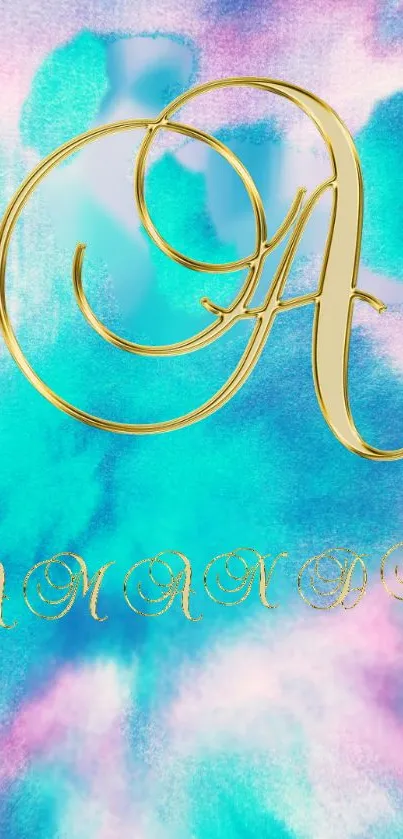 Golden letter A on turquoise watercolor mobile wallpaper.