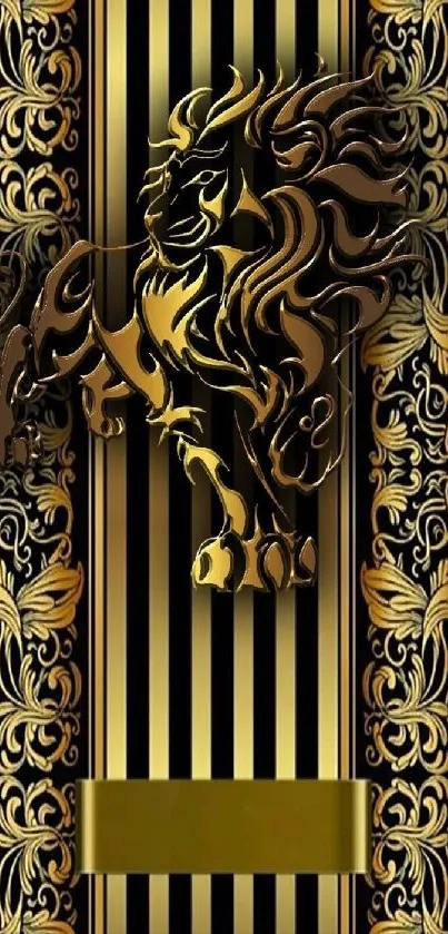 Elegant golden lion with ornate pattern background wallpaper.