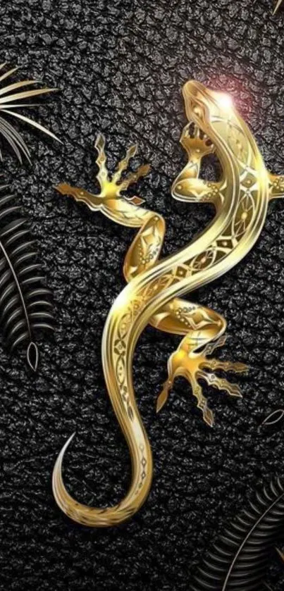Elegant gold lizard on textured black background mobile wallpaper.