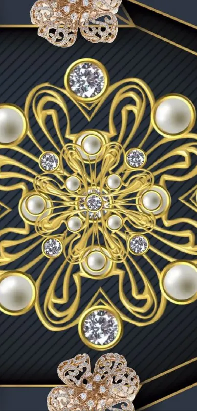 Luxurious gold mandala with gems on a dark mobile wallpaper.