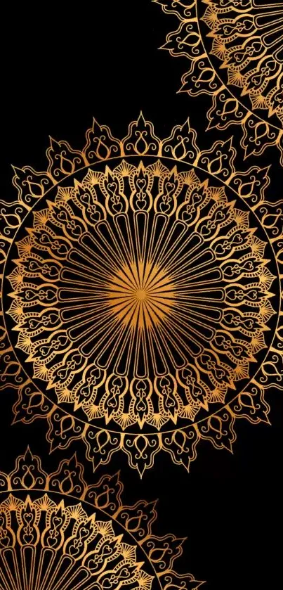 Elegant gold mandala design on a black background.