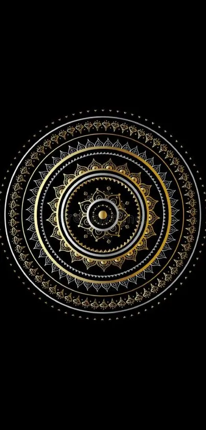 Intricate gold mandala on black background for mobile wallpaper.