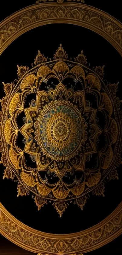 Elegant gold mandala design on black background for mobile wallpaper.