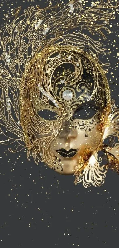 Elegant gold mask with filigree on dark gray background.