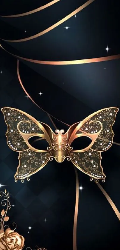 Elegant mobile wallpaper with a gold masquerade mask on a dark background.