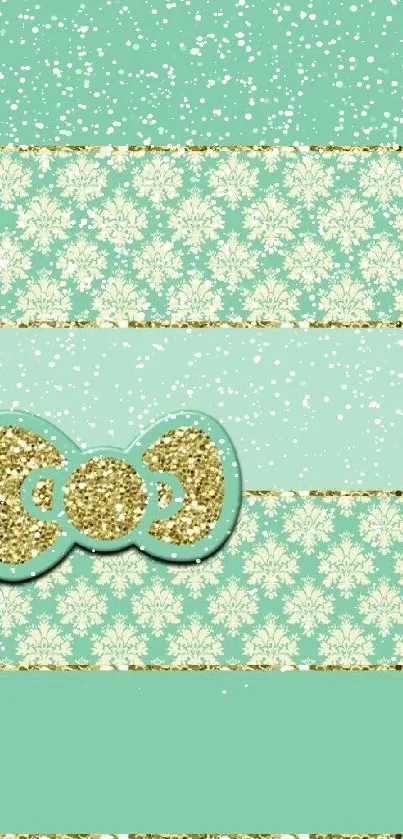 Mint and gold wallpaper with elegant patterns and a decorative bow.