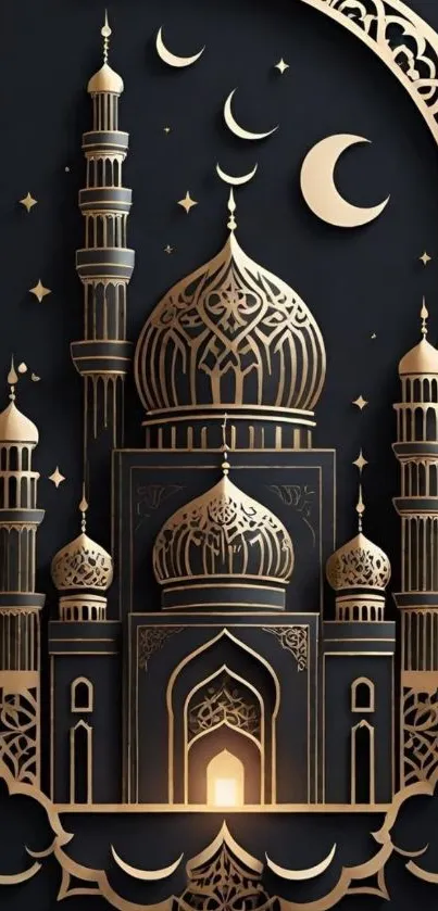 Intricately designed gold mosque wallpaper with crescent moons and stars.