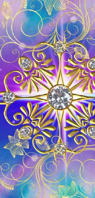 Golden floral design on blue background with gemstones.